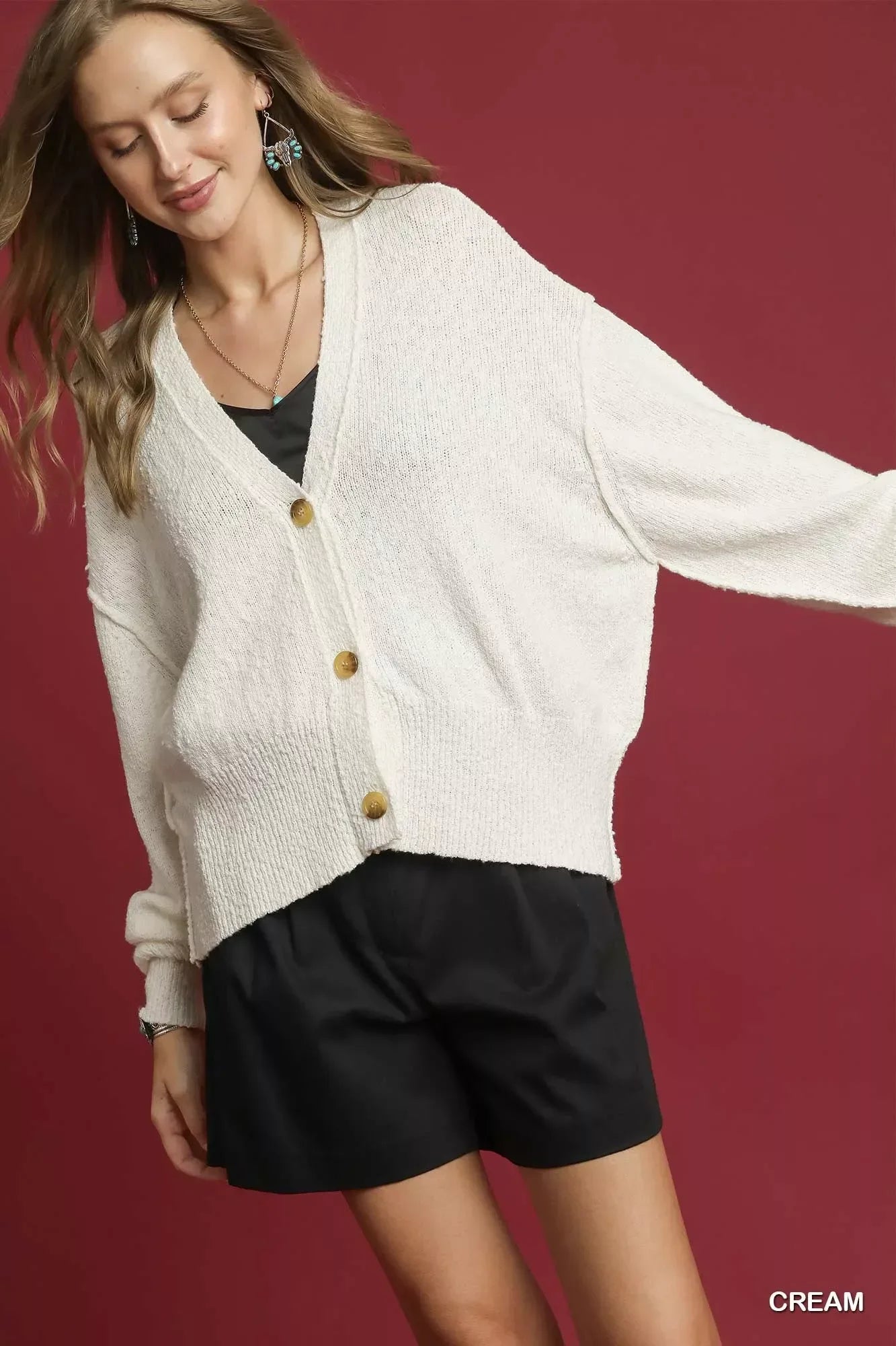 Umgee Button-Front V-Neck Knit Cardigan Cream / S