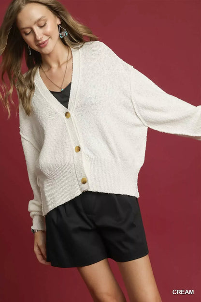 Umgee Button-Front V-Neck Knit Cardigan Cream / S