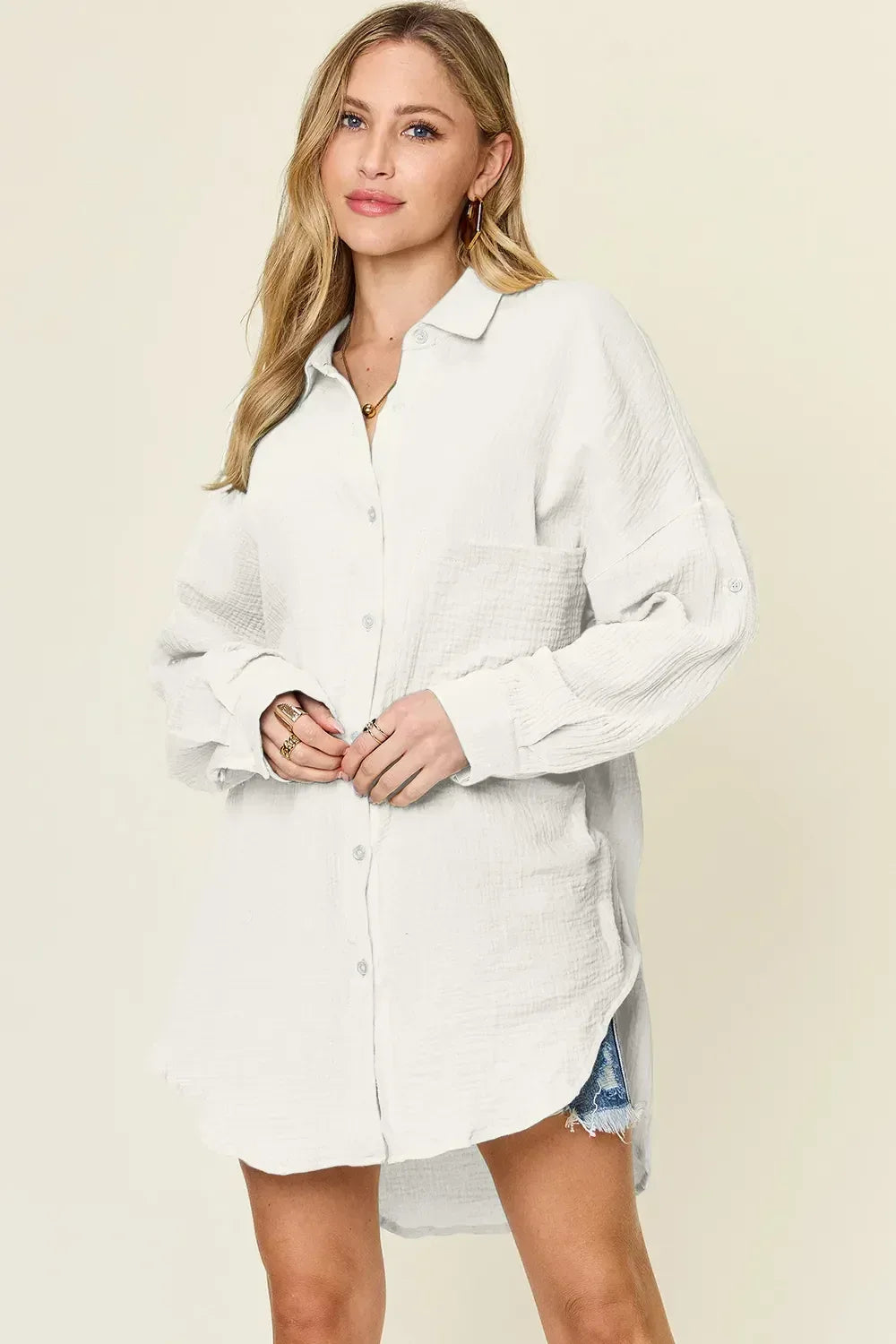 Double Take Full Size Pocketed Texture Button Up Shirt White / S