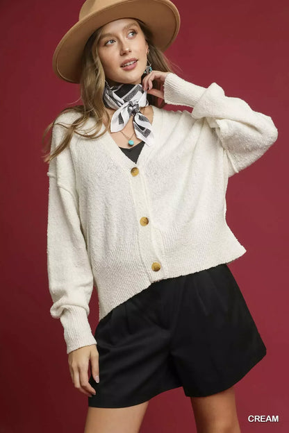 Umgee Button-Front V-Neck Knit Cardigan Cream / S