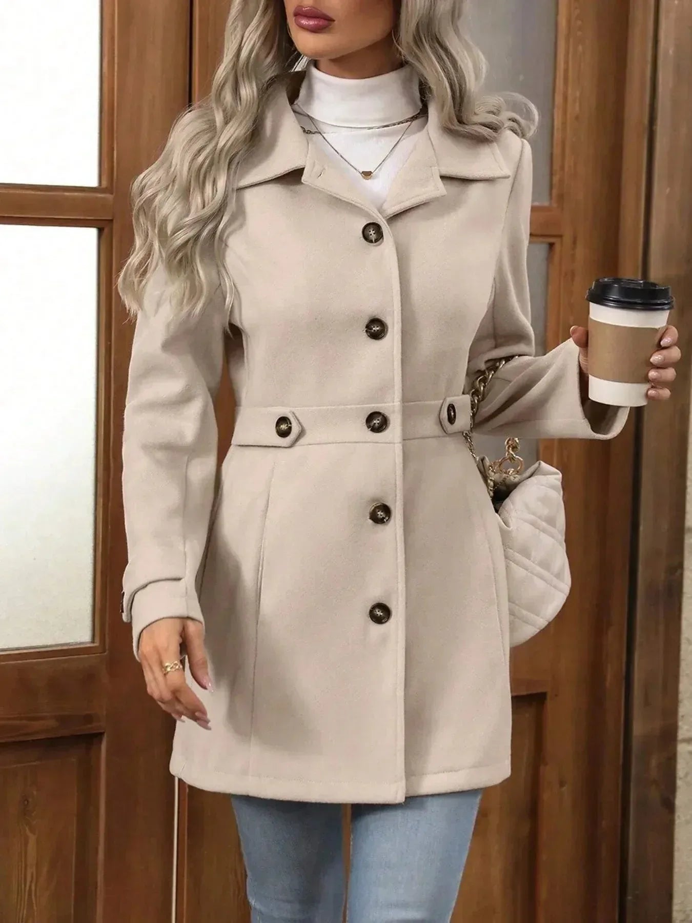Button Up Long Sleeve Coat S / Apricot