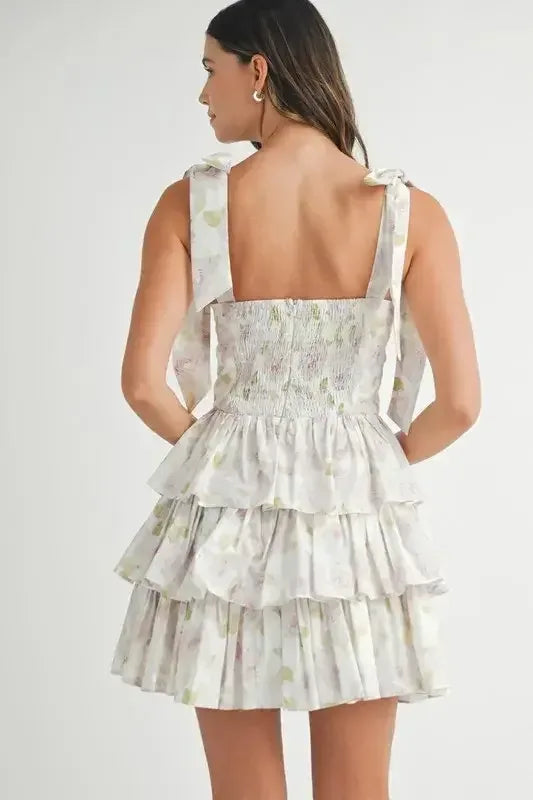 MABLE Floral Print Shoulder Tie Layered Mini Dress Off White / M