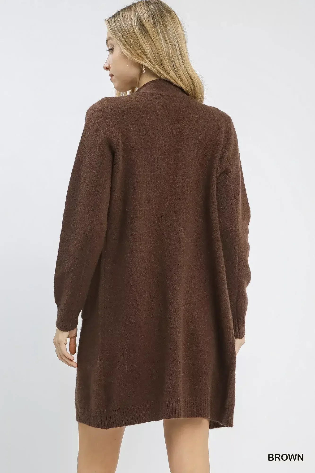 Umgee Button-Down Longline Sweater Cardigan with Front Pockets Brown / S