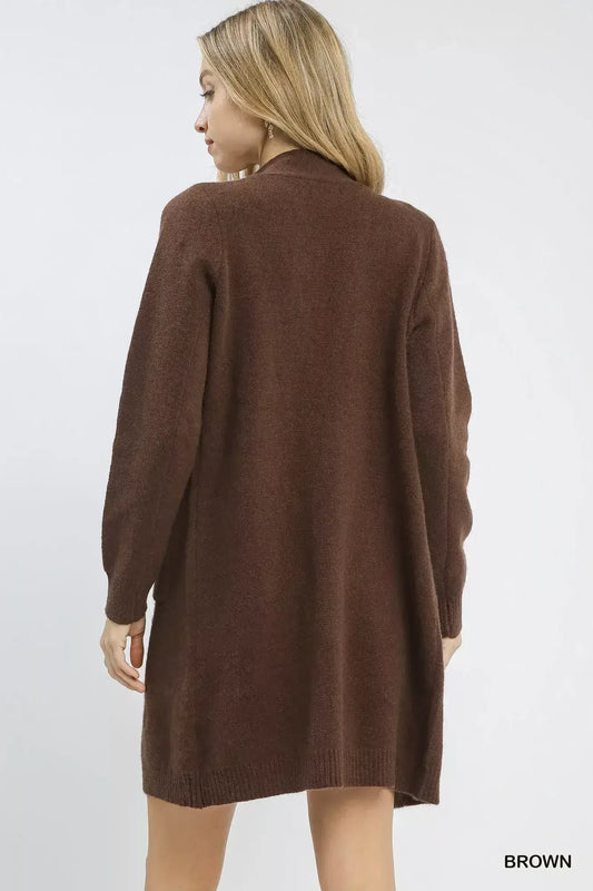 Umgee Button-Down Longline Sweater Cardigan with Front Pockets Brown / S