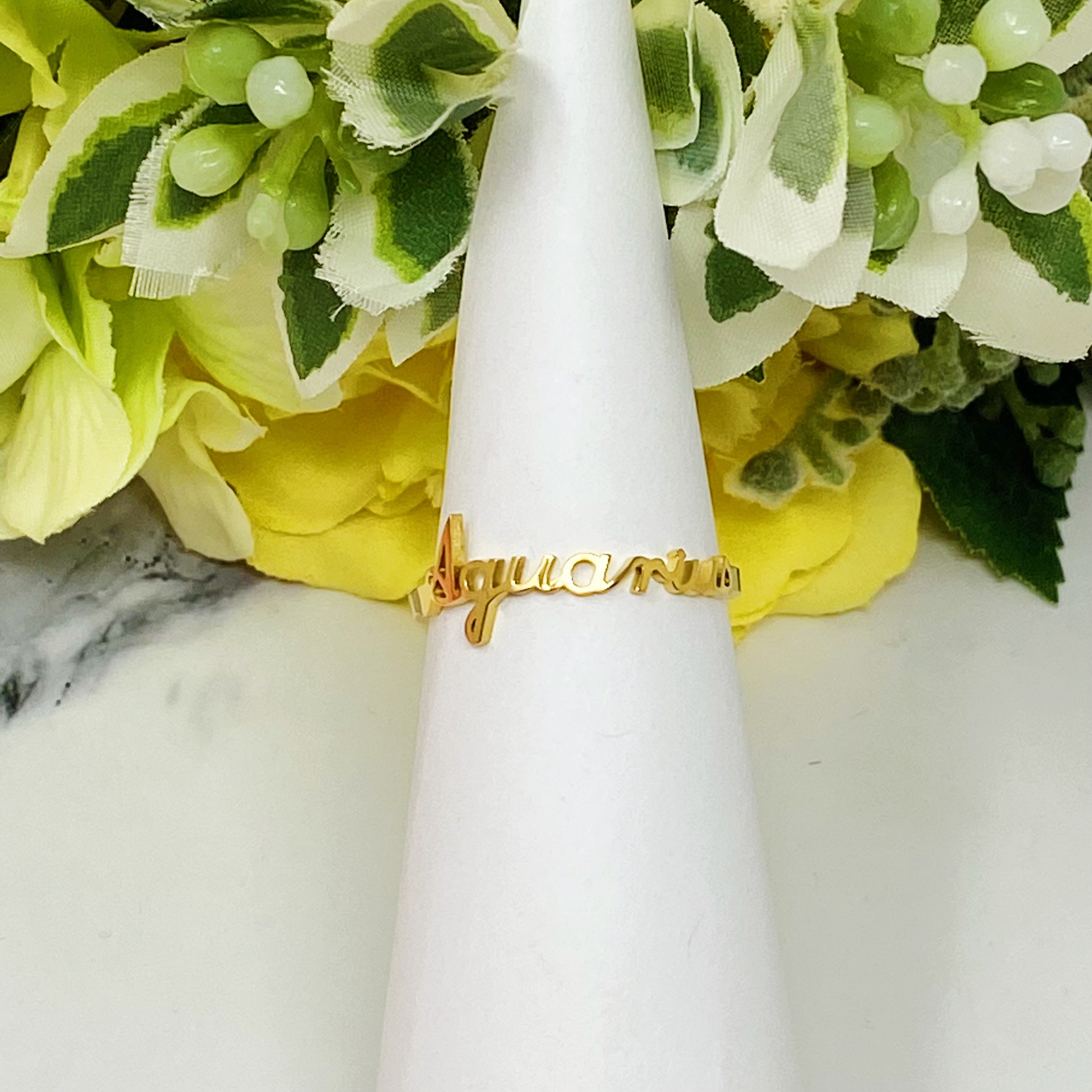 Elegant Scripted Zodiac Ring – Adjustable 18K Gold Plated Stainless Steel