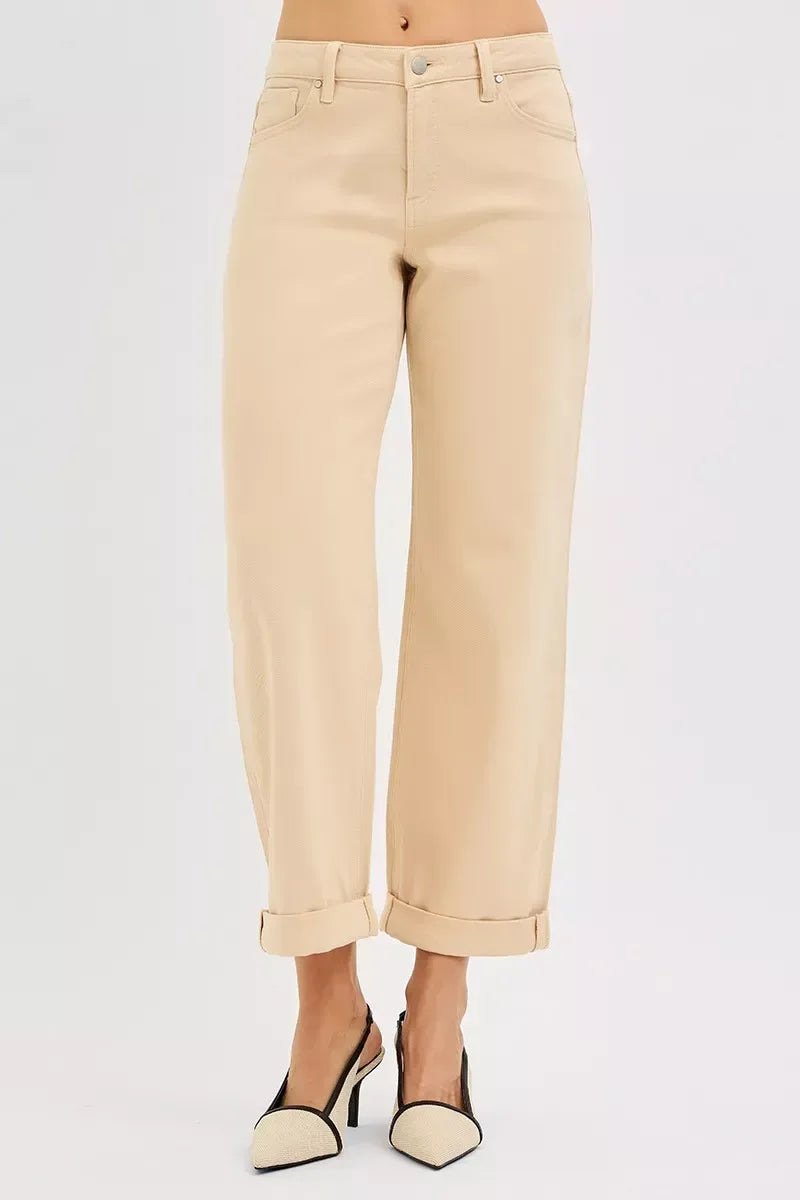 RISEN Tummy Control Mid Rise Ankle Barrel Relaxed Baggy BUTTER MILK / 0