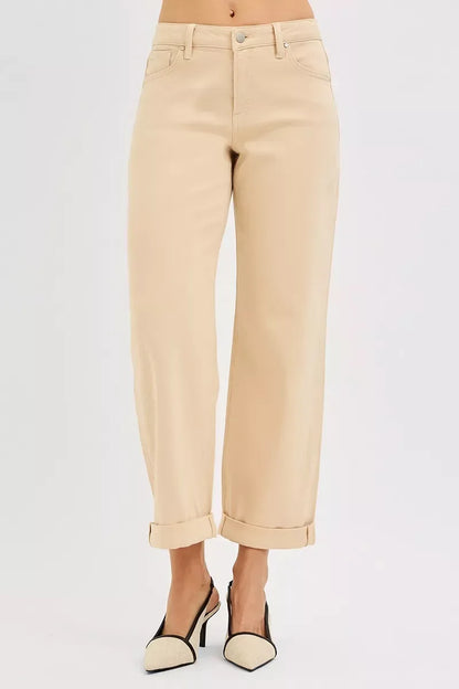 RISEN Tummy Control Mid Rise Ankle Barrel Relaxed Baggy BUTTER MILK / 0