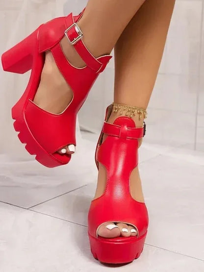 Cutout Block : Heels Sandals 7 / Red