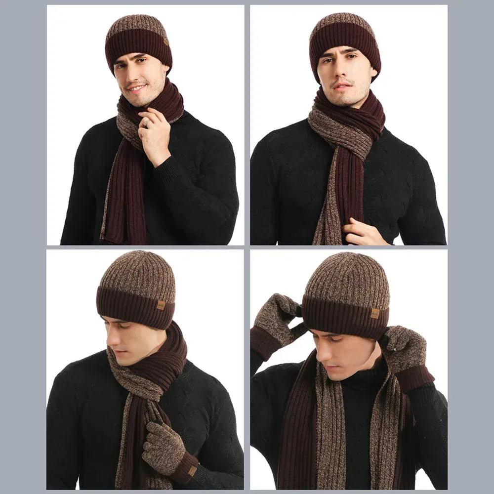 3Pcs Winter Scarf Hat Gloves Kit Beanie Hat & Long Scarf & Gloves Gift Coffee