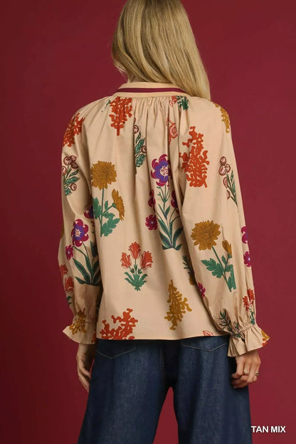 Umgee Floral Print Flounce Sleeve Blouse TAN MIX / S