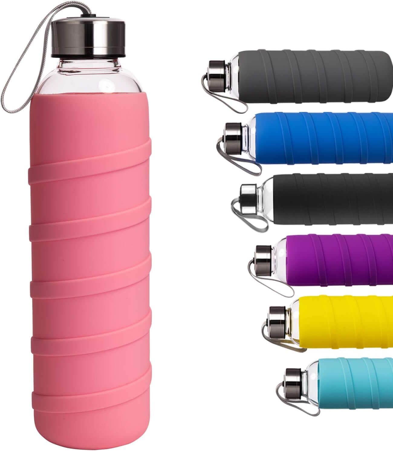 Shopminx Ferexer Borosilicate Glass Water Bottle with Silicone Sleeve – BPA-Free, Leak-Proof, Reusable, Dishwasher Safe for Hot & Cold Drinks, 20oz Pink / 32 Ounces