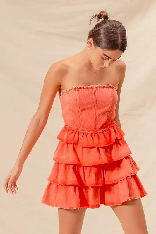 SO ME Strapless Ruffle Layered Game Day Cheer Up Dress ORANGE / S