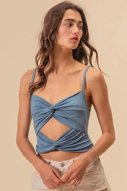 BiBi Rayon Span Jersey Knit Double Twist Front Cami Top DENIM / S