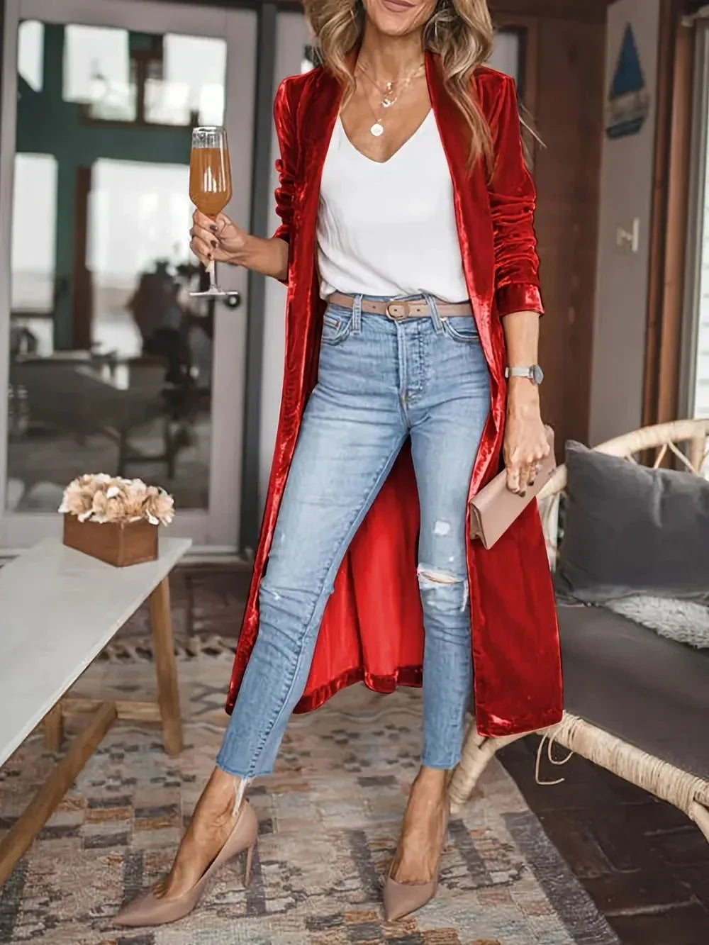 Open Front Long Sleeve Coat L / Brown