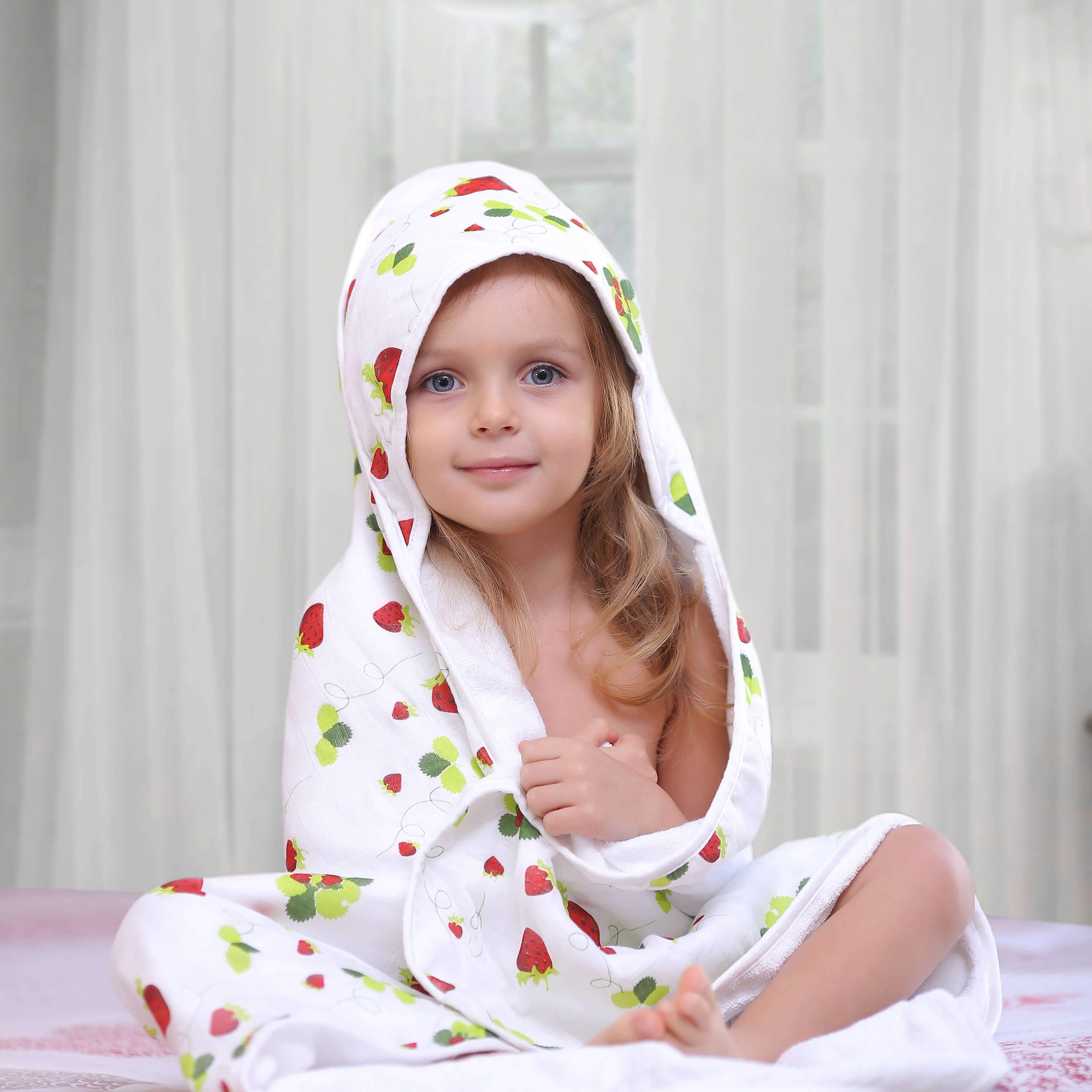 Baby Hooded Towel, Muslin-Backed, Buttery Soft Terry, Strawberry Print