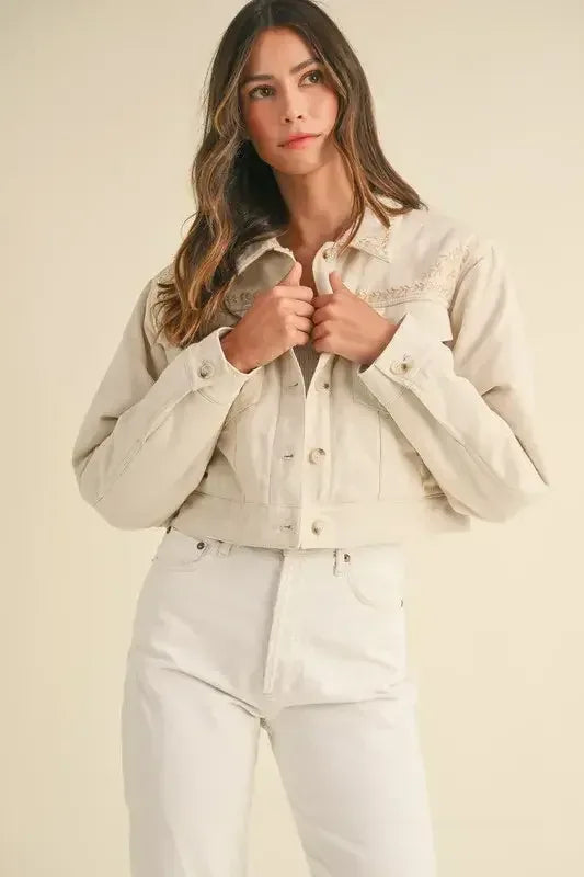 MABLE Embroidered Quilted Cropped Jacket Taupe / S
