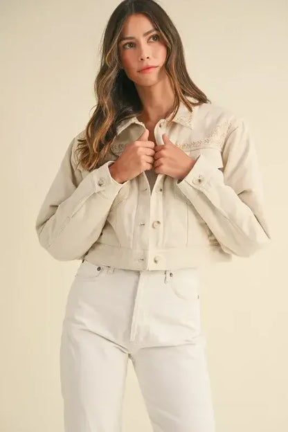 MABLE Embroidered Quilted Cropped Jacket Taupe / S
