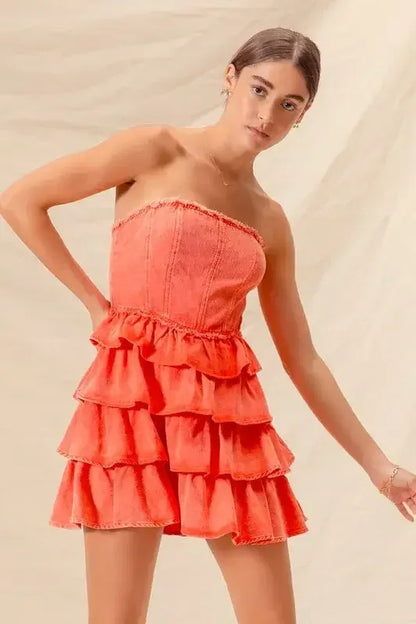 SO ME Strapless Ruffle Layered Game Day Cheer Up Dress ORANGE / S