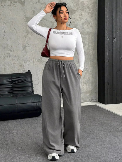 Full Size Drawstring Wide Leg Pants Plus Size XL / Gray