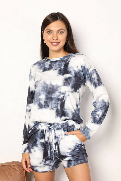 Shiny Tie-Dye Round Neck Top and Shorts Lounge Set Dark Gray / S