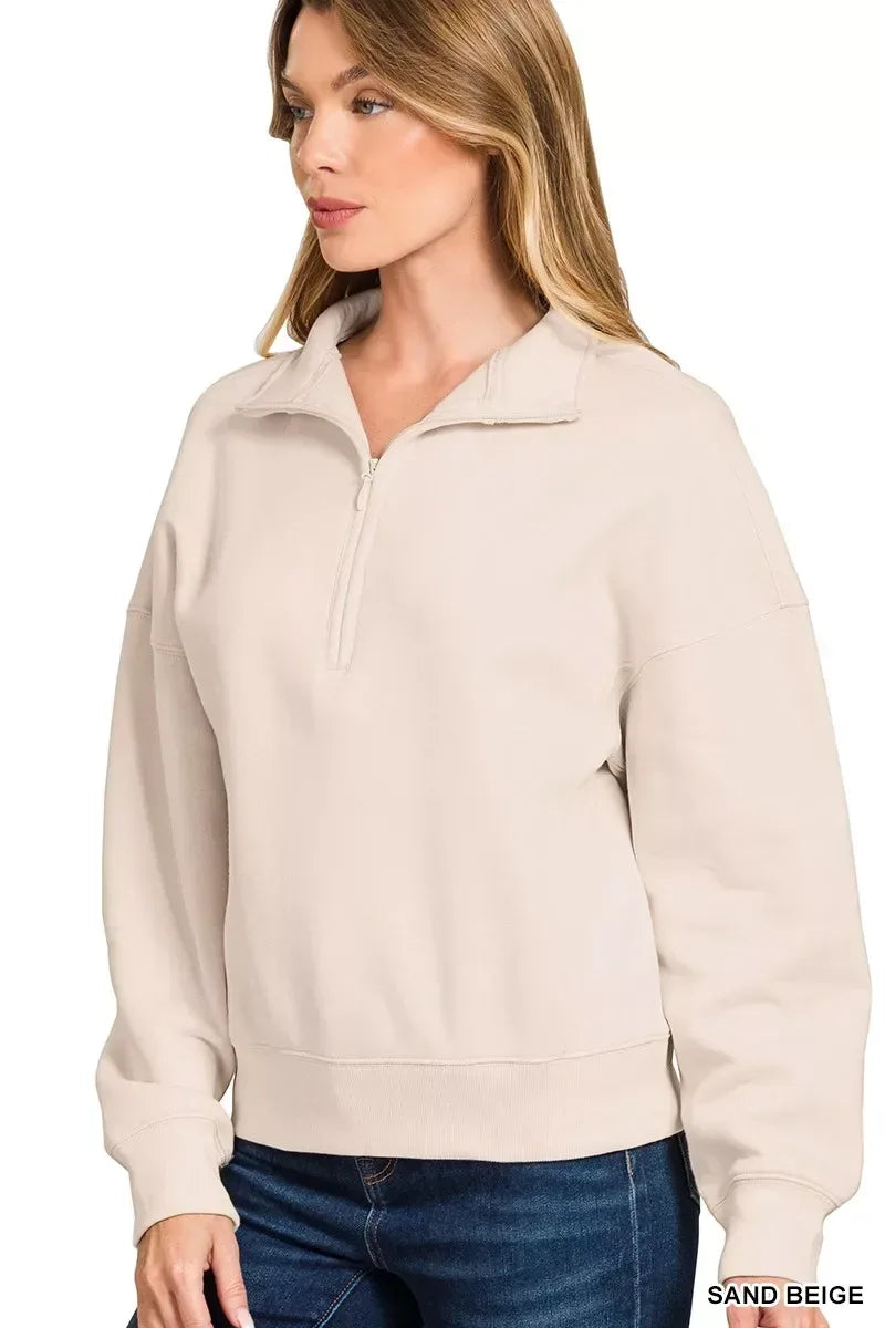 Zenana Fleece High Neck Half Zip Sweatshirt SAND BEIGE / S