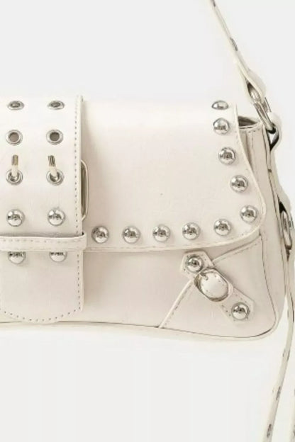 Fame Glossy Faux Leather Rivet Trim Shoulder Bag IV / one size