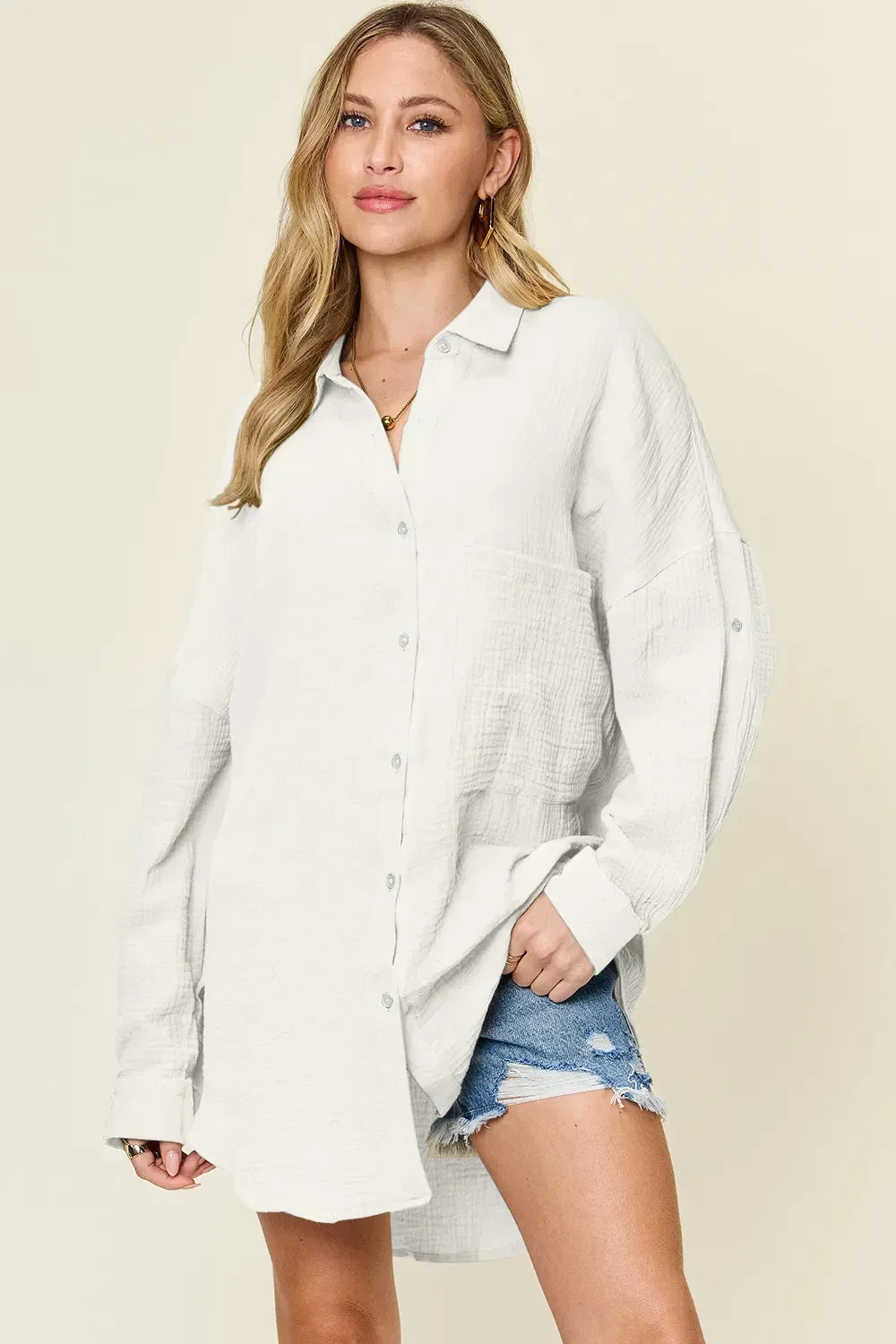 Double Take Full Size Pocketed Texture Button Up Shirt Teal / S
