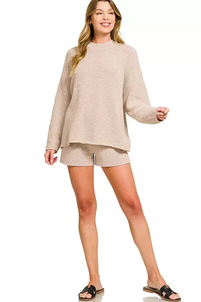 Zenana Round Neck Knit Top and Shorts Sweater Set SAND BEIGE / S