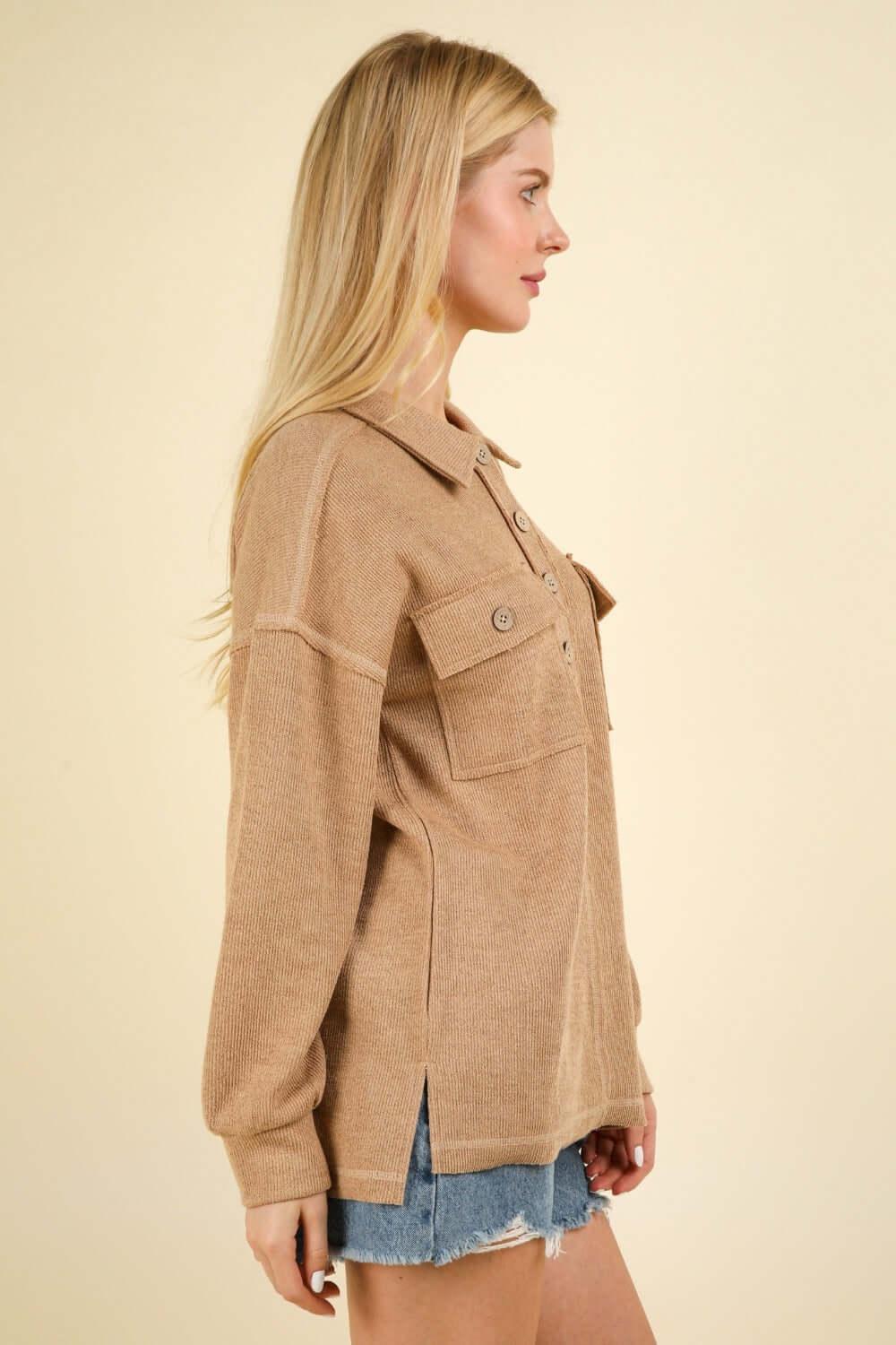 VERY J Collared Half Button Knit Top with Pockets Taupe / S