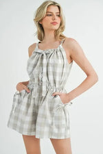 MABLE Plaid Sleeveless Button Down Romper Lt Taupe / S