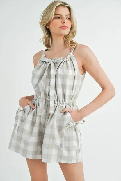 MABLE Plaid Sleeveless Button Down Romper Lt Taupe / S