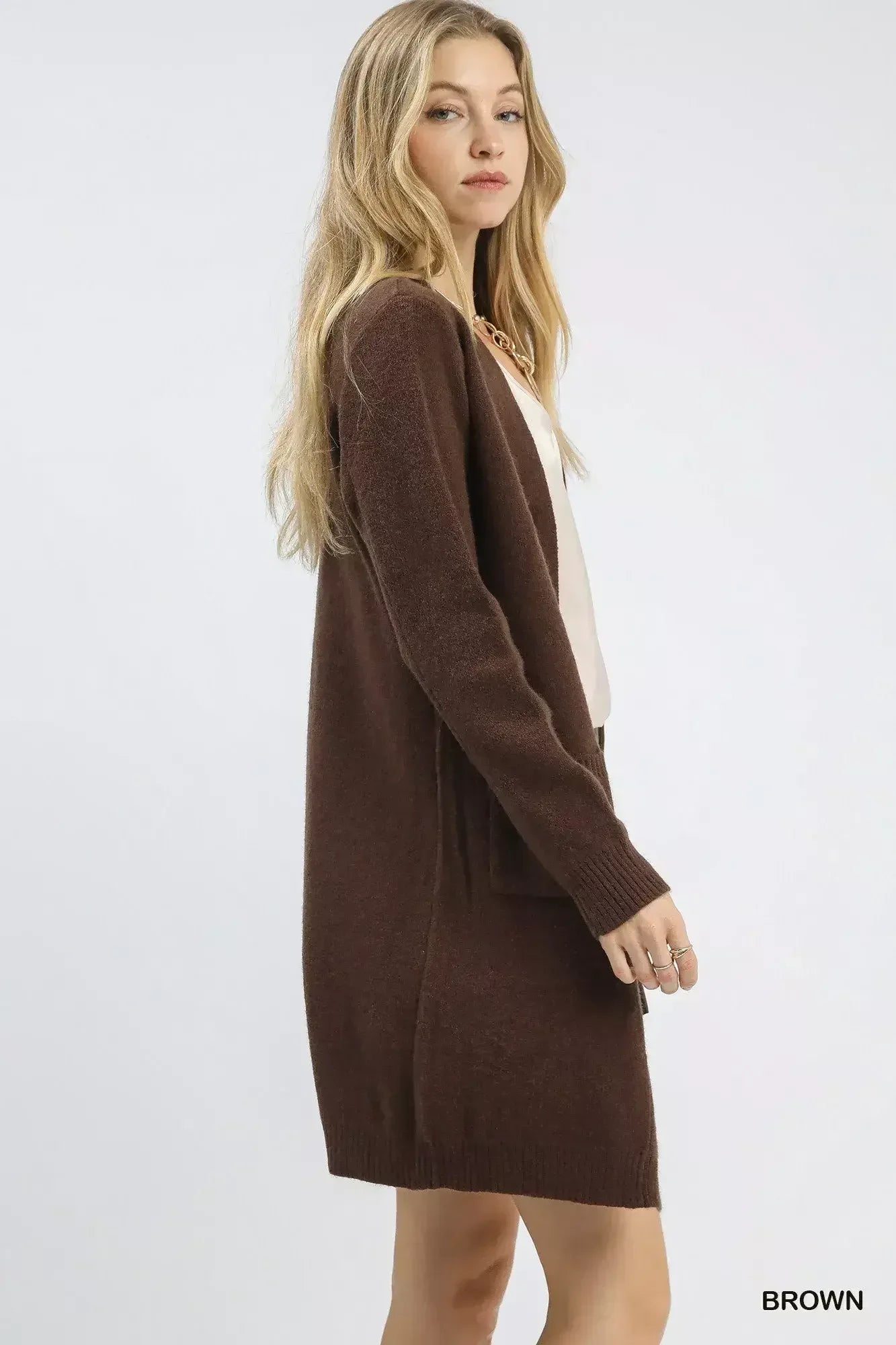 Umgee Button-Down Longline Sweater Cardigan with Front Pockets Brown / S