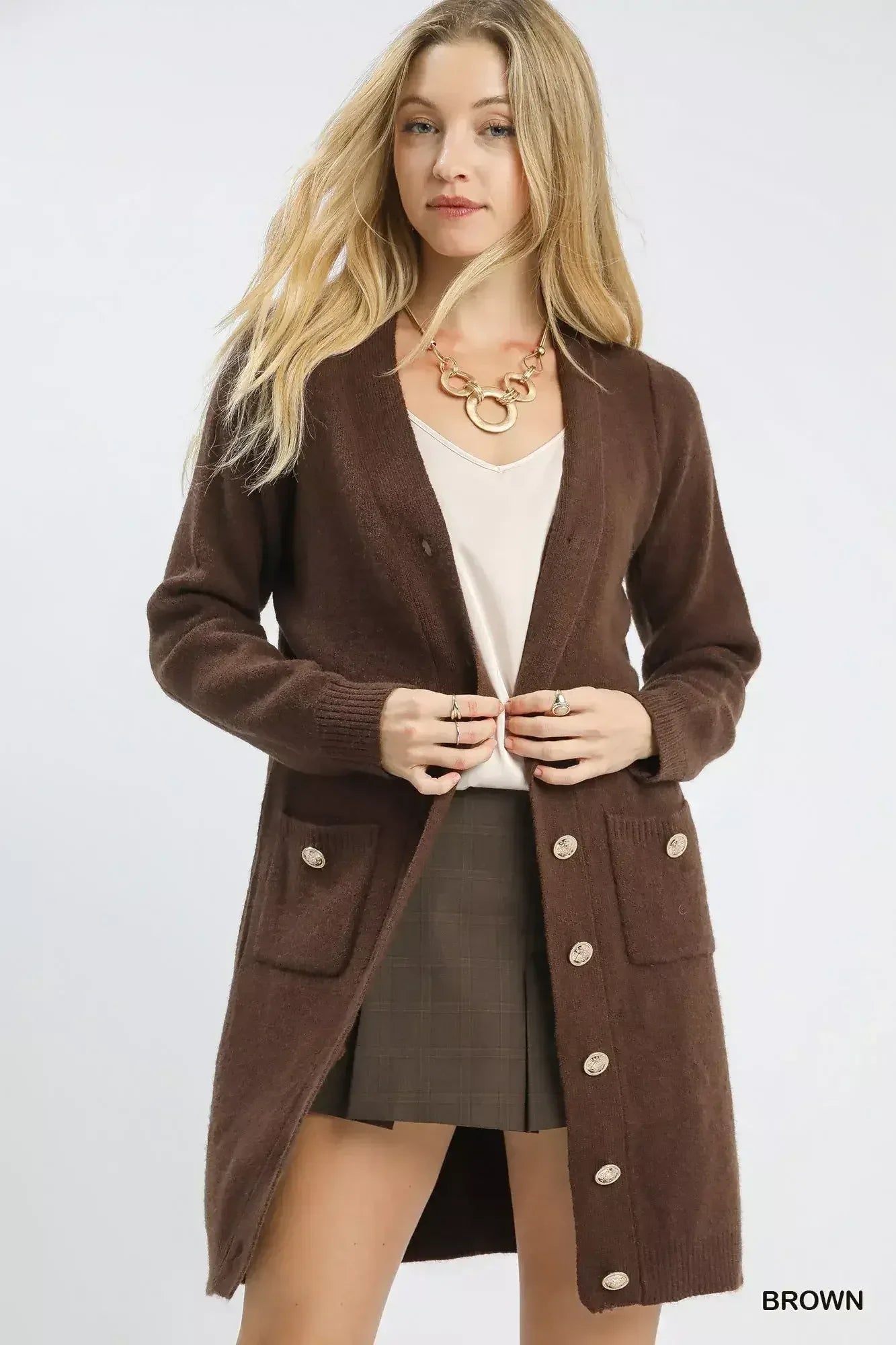 Umgee Button-Down Longline Sweater Cardigan with Front Pockets Brown / S