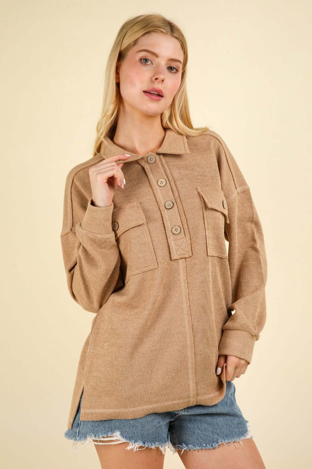 VERY J Collared Half Button Knit Top with Pockets Taupe / S