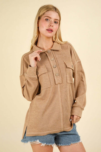 VERY J Collared Half Button Knit Top with Pockets Taupe / S