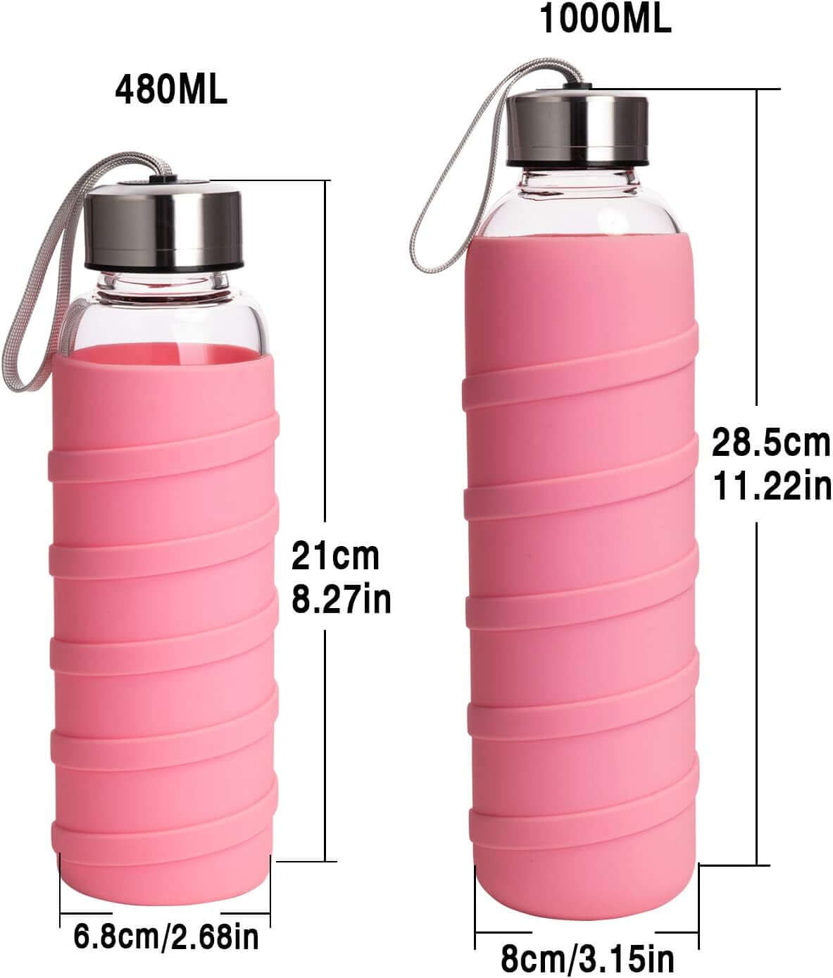 Shopminx Ferexer Borosilicate Glass Water Bottle with Silicone Sleeve – BPA-Free, Leak-Proof, Reusable, Dishwasher Safe for Hot & Cold Drinks, 20oz Pink / 32 Ounces