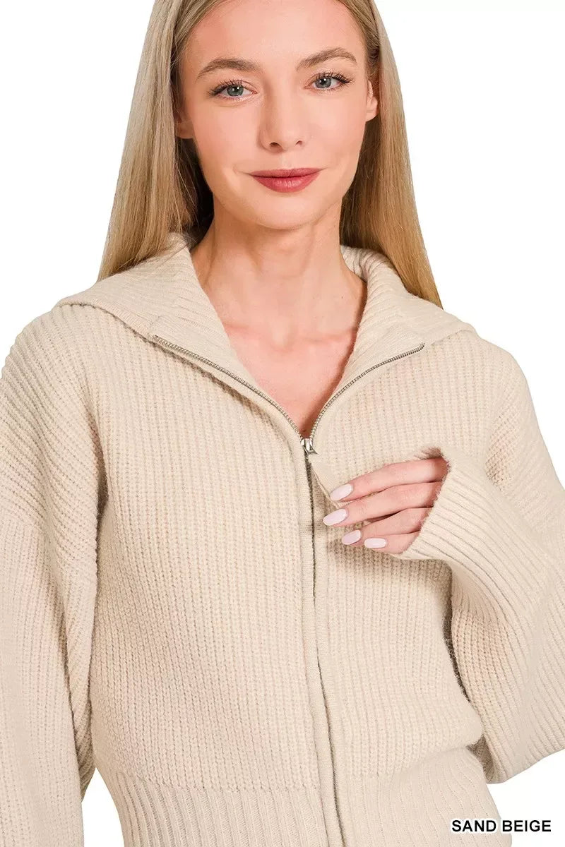 Zenana Ribbed Collared Zip Up Sweater Cardigan SAND BEIGE / S