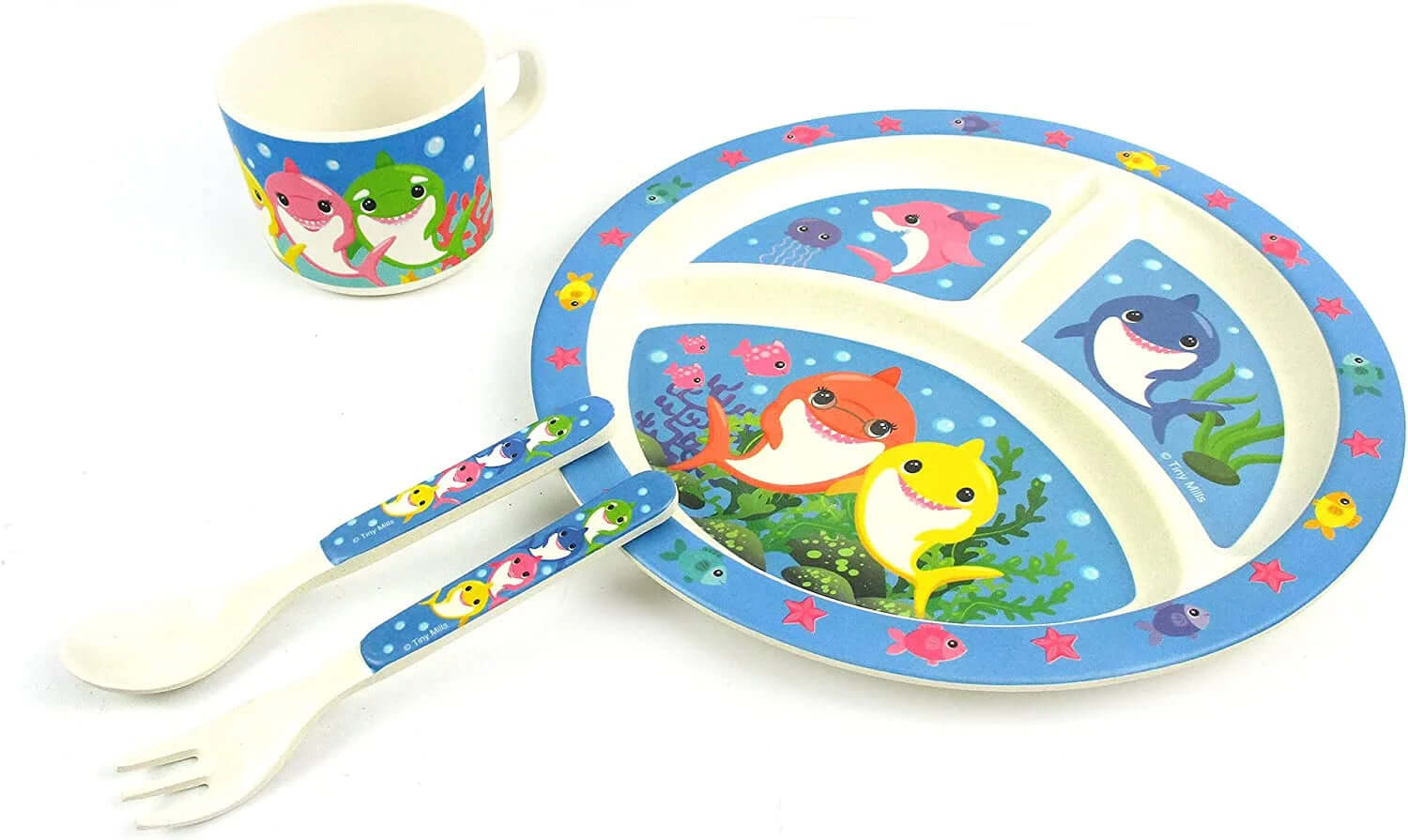 Shopminx 🦈 Shark Family 4-Piece Kids Dinnerware Set – Eco-Friendly, Biodegradable, BPA-Free Plant Fiber Tableware with Plate, Cup, Fork & Spoon – Microwave & Dishwasher Safe – Gift-Boxed for Holidays & Birthdays Default Title