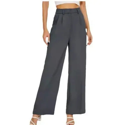 High Waist Straight Trousers With Pockets Wide Leg Casual Pants For L / Dark Grey