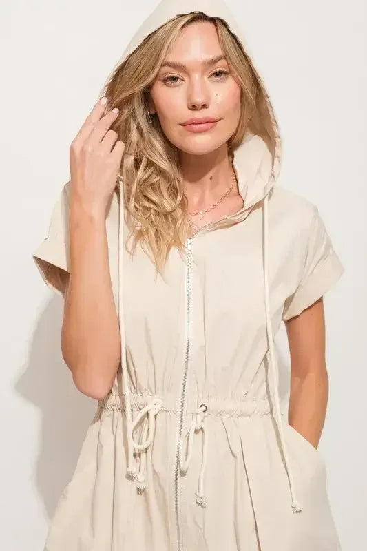 And The Why Short Sleeve String Details Hooded Mini Dress Almond / S