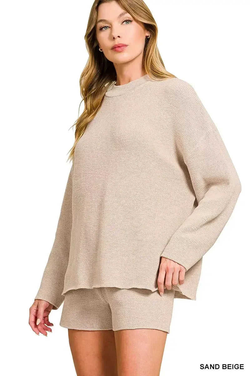 Zenana Round Neck Knit Top and Shorts Sweater Set SAND BEIGE / S