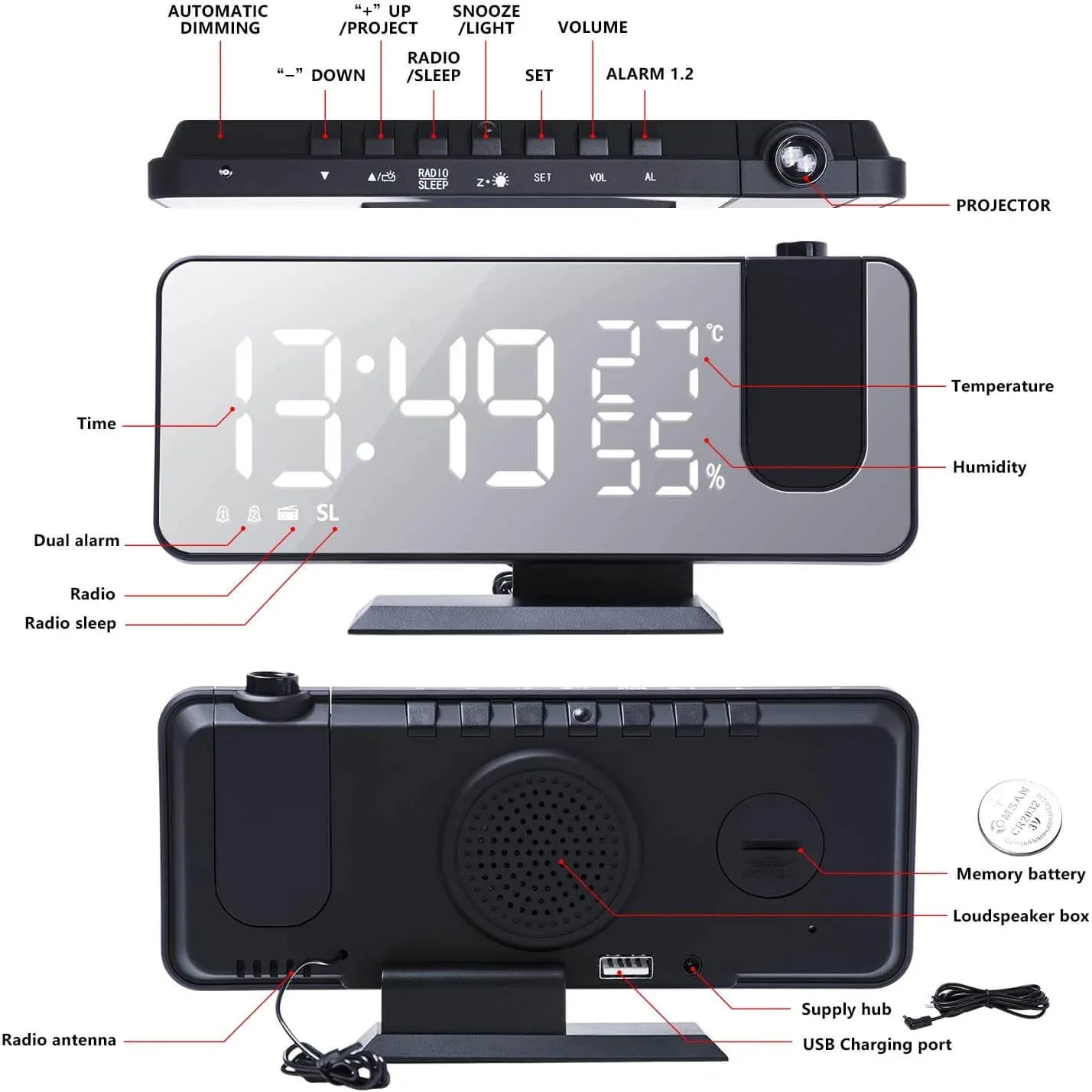 LED Projection Digital Alarm Clock Phone Charger Rose Gold