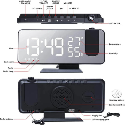 LED Projection Digital Alarm Clock Phone Charger Rose Gold