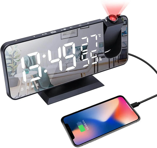 LED Projection Digital Alarm Clock Phone Charger Rose Gold