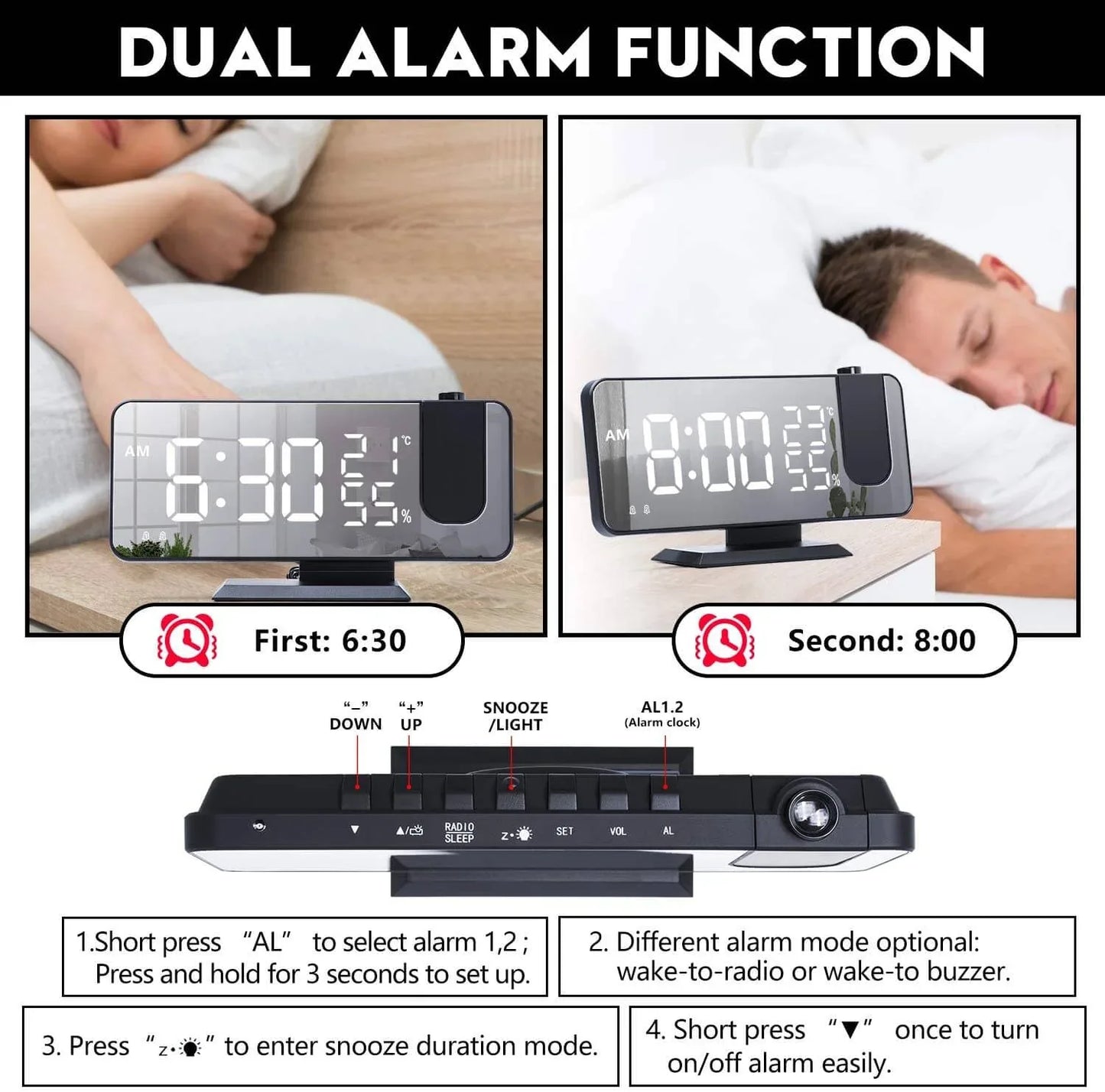 LED Projection Digital Alarm Clock Phone Charger Rose Gold