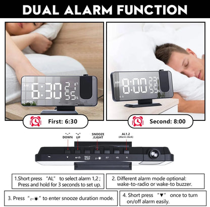 LED Projection Digital Alarm Clock Phone Charger Rose Gold