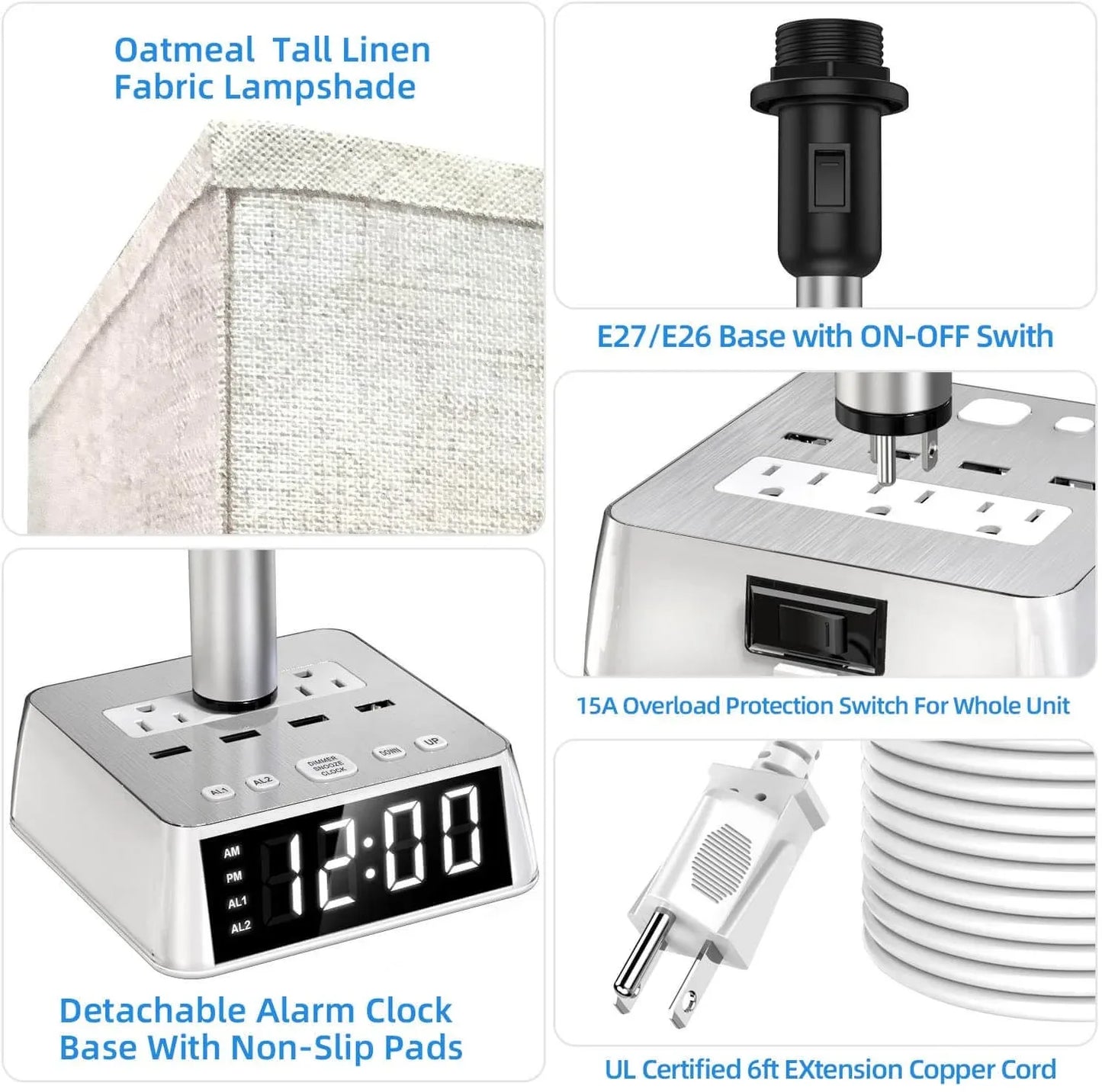 Table Lamp, 4 USB Ports &amp; AC Power Outlets, Alarm Clock Default Title