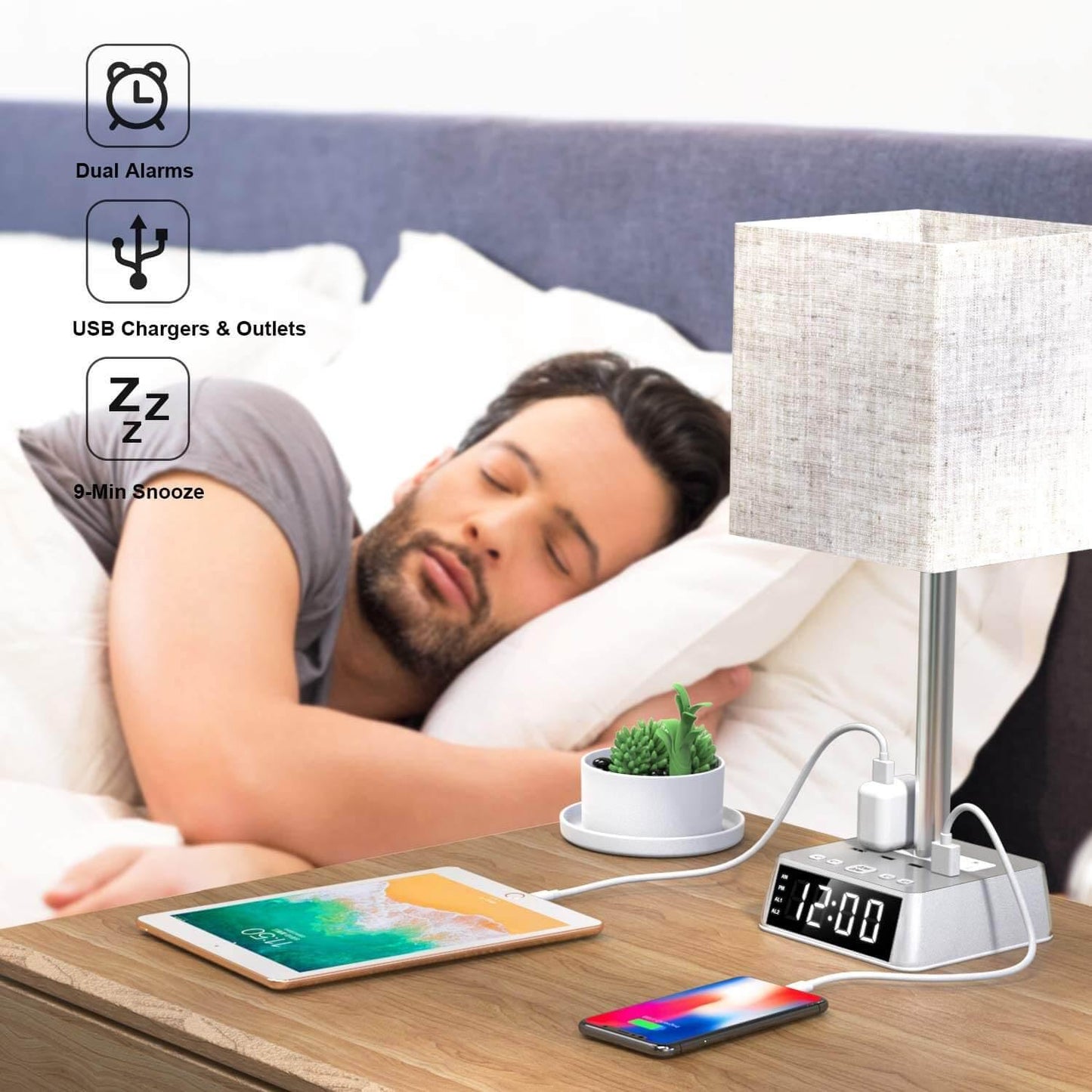 Table Lamp, 4 USB Ports &amp; AC Power Outlets, Alarm Clock Default Title