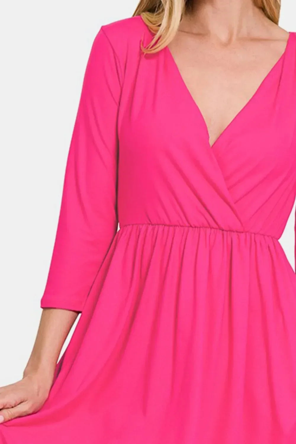 Zenana Three-Quarter Sleeve Surplice Dress with Pockets Hot Pink / S