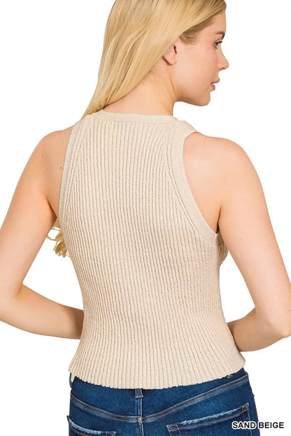 Zenana Ribbed Knit Button-Down Sweater Vest SAND BEIGE / S